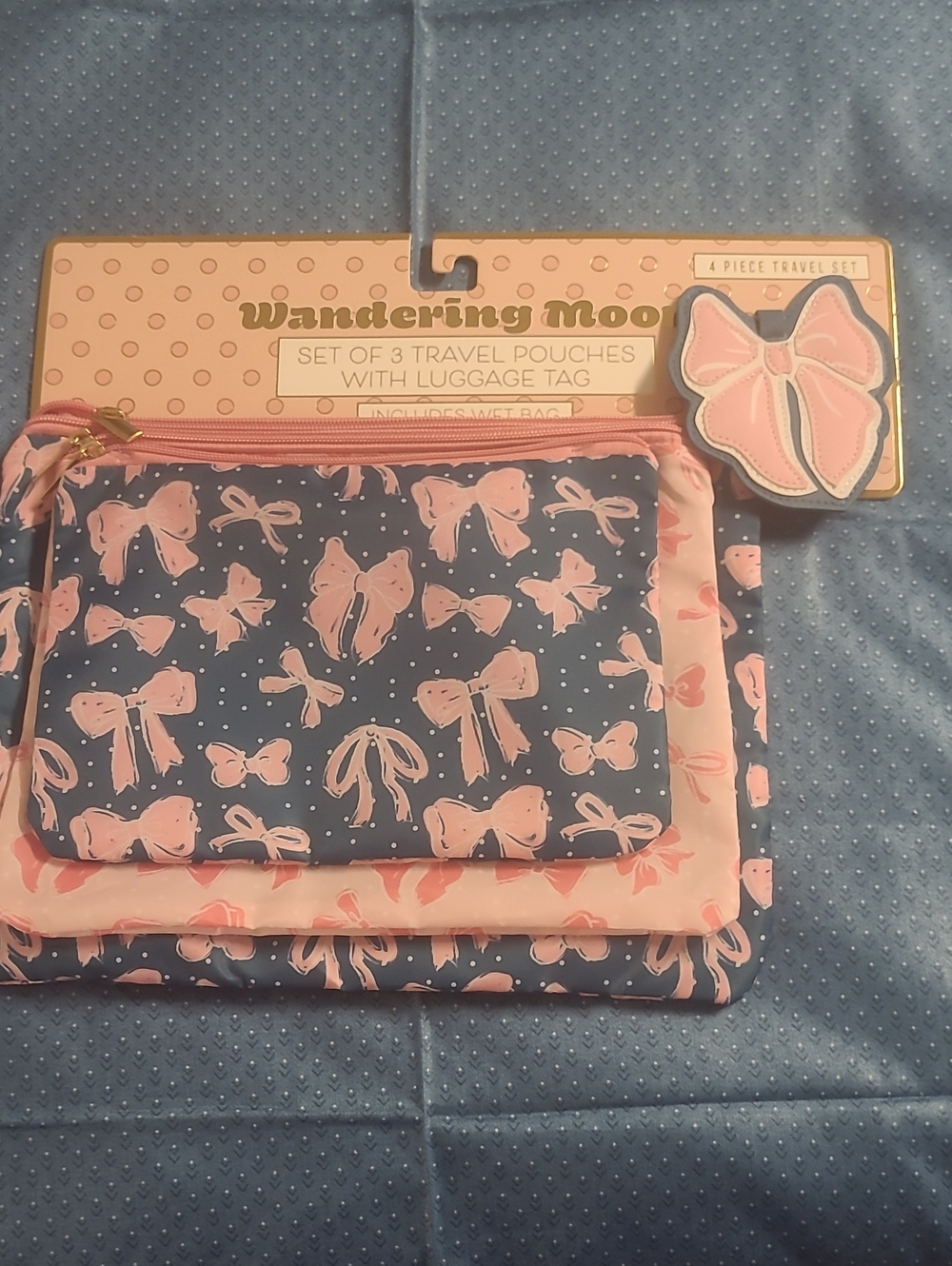 Wandering Moon Pink & Navy Bow Travel Pouch Set with Luggage Tag